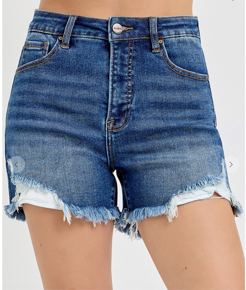 RISEN DISTRESSED DENIM SHORTS