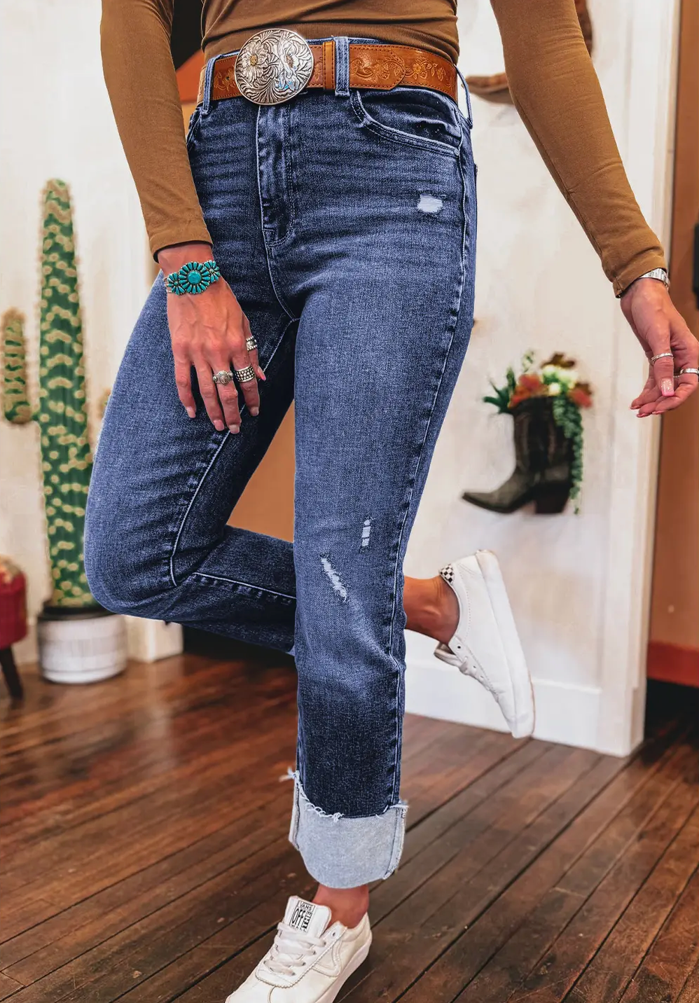 High Waisted Cuffed Denim